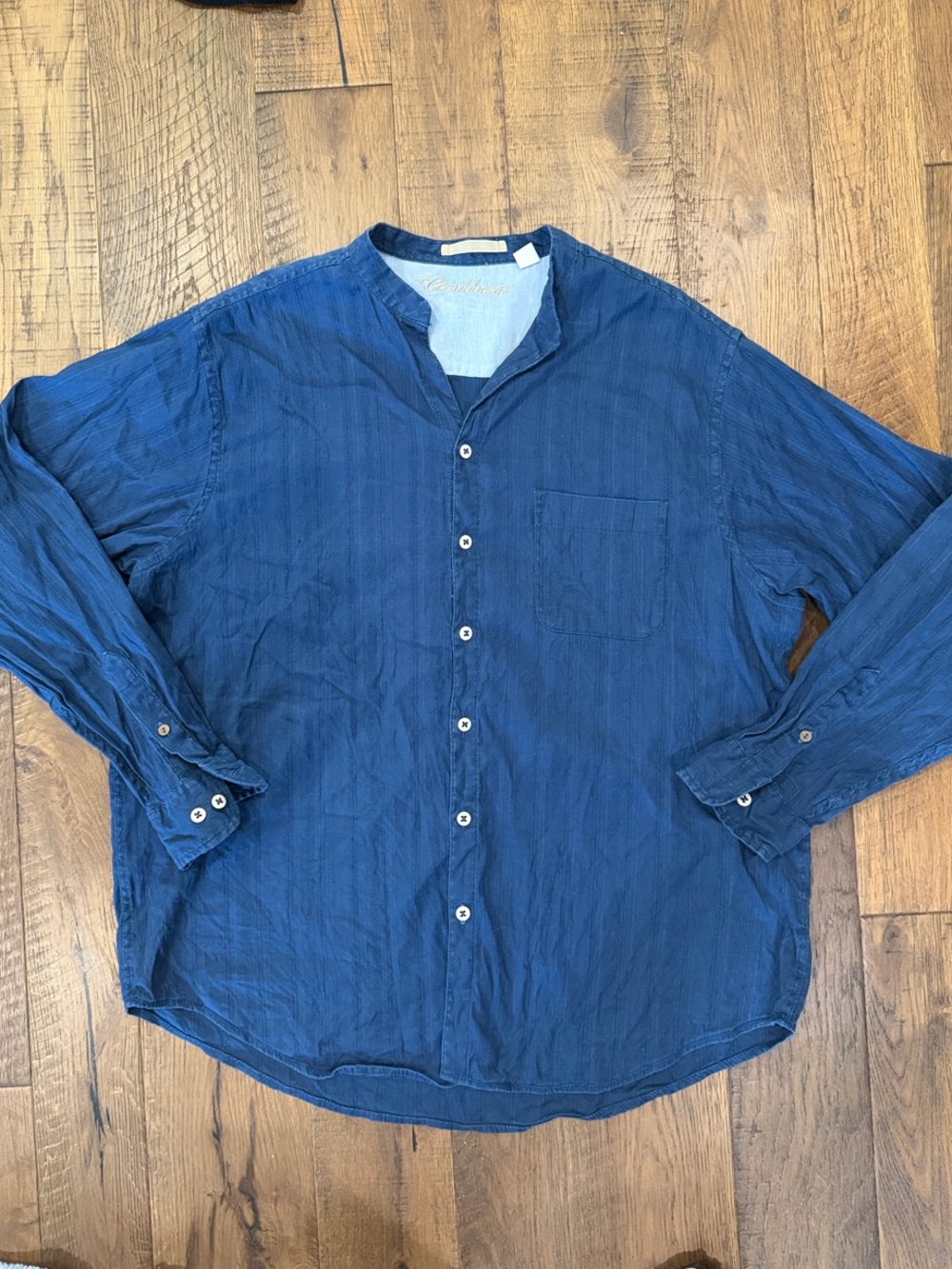 Caribbean Navy Mandarin Collar Button-Front Shirt